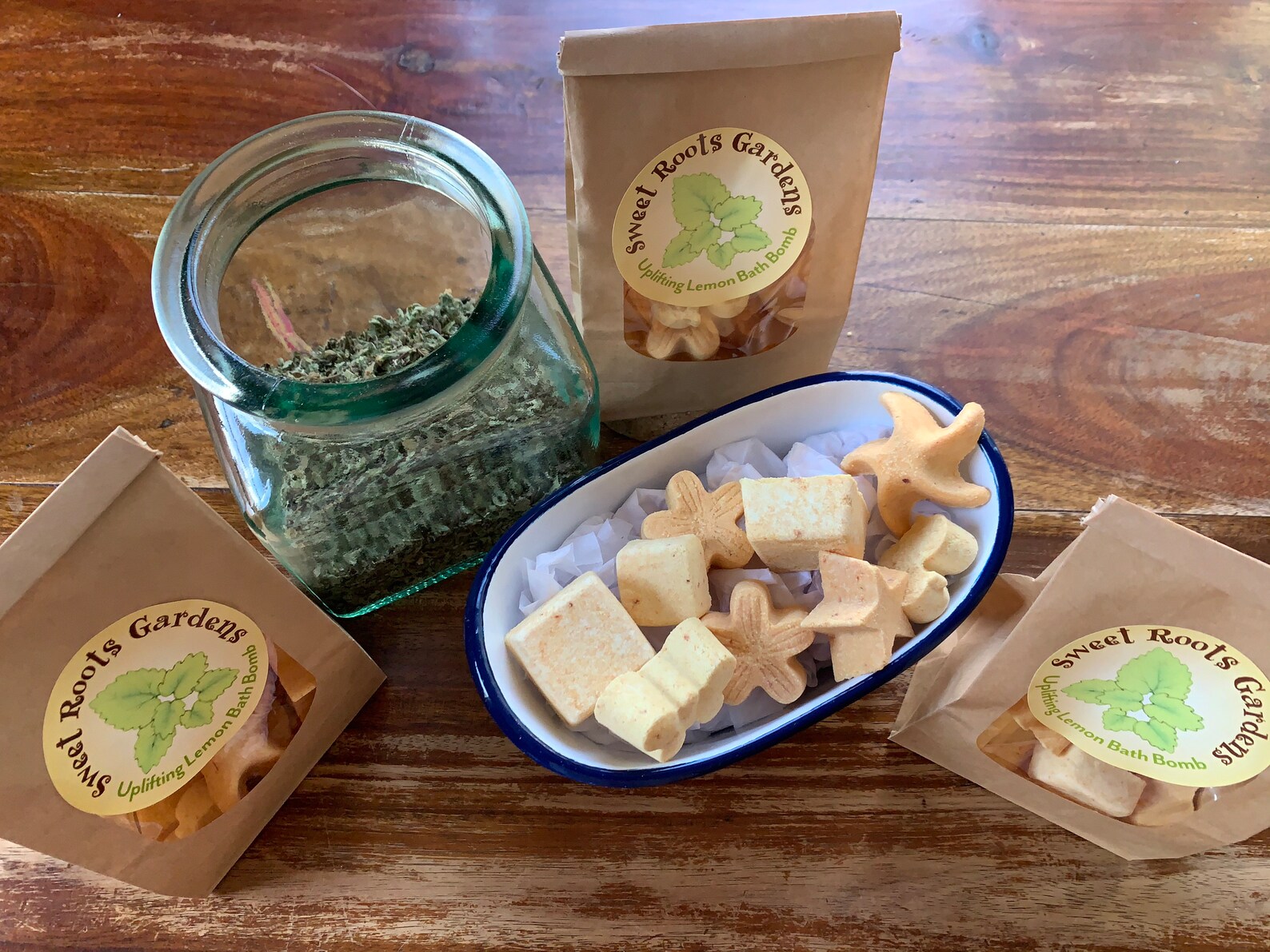 Uplifting Lemon Bath Bombs, all natural and herbal fizzing assorted shapes - Image 6